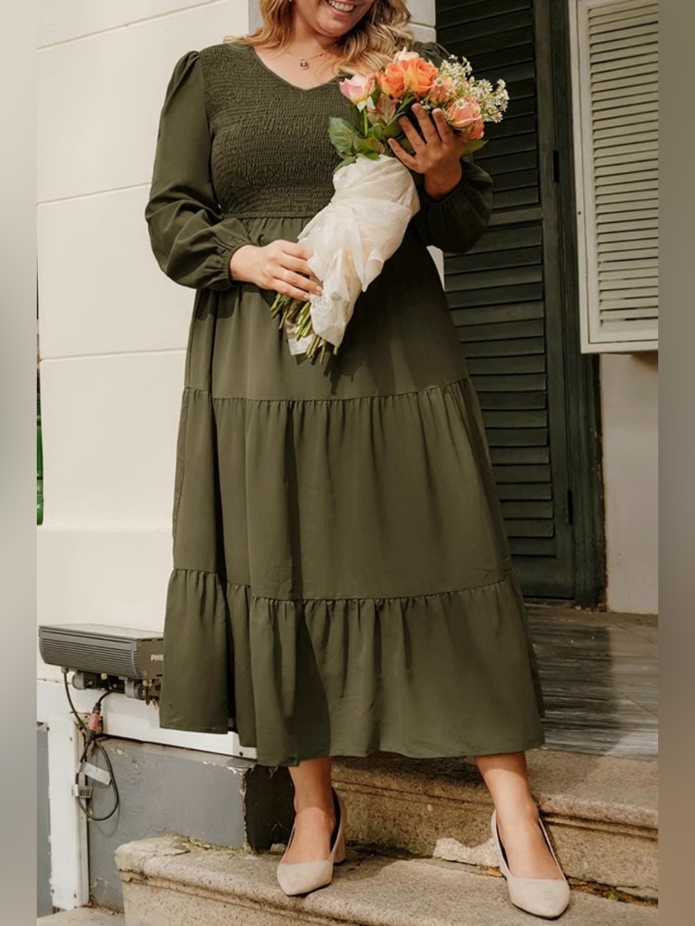 Hanna Nikole Olive Plus Size Fall Smocked Long Sleeve V Neck Dress Maxi SZ 20W